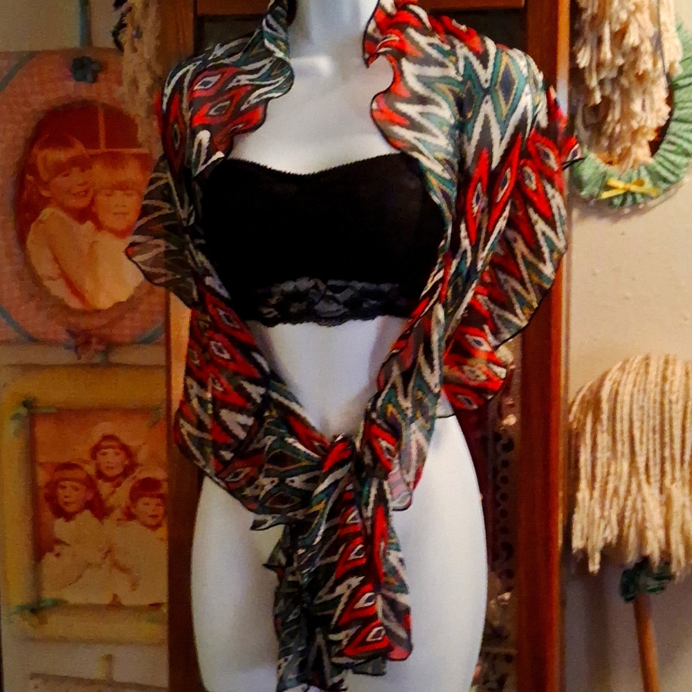 Vintage,Multi-colored,Ruffled Scarf in Western Style,Geometric/Tribal Pattern,OS